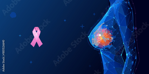 Digital illustration of a woman s torso highlighting breast cancer awareness and technology