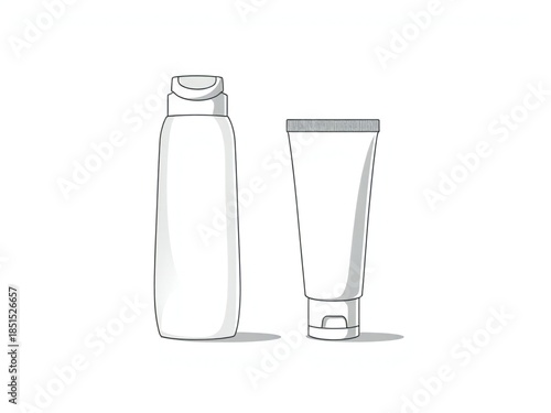 Hand drawn sketch of a shampoo bottle and a cosmetic cream tube