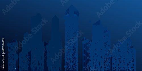 Abstract blue cityscape with geometric shapes and a textured dark background