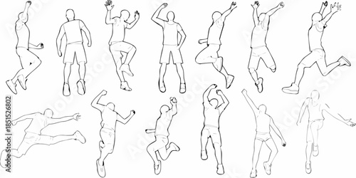 Dynamic sketches of people in various jumping and running poses line art
