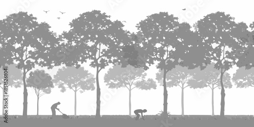 A grayscale forest scene with silhouetted trees and two people gardening