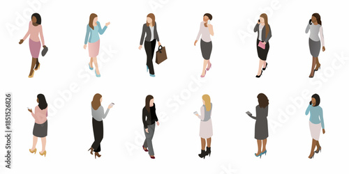 Isometric illustration of diverse women walking and using mobile phones