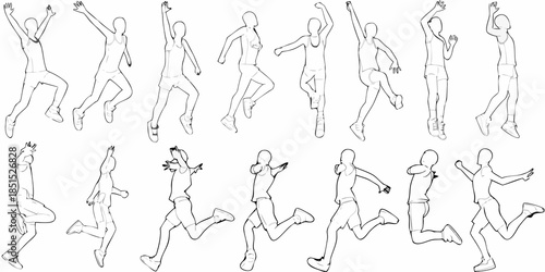 A series of dynamic stick figures illustrating the phases of running and jumping