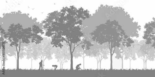 Silhouetted trees and people in a misty landscape a peaceful outdoor scene