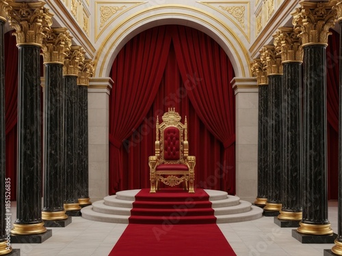 Opulent throne room with red curtains and columns