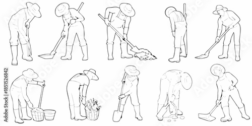 Line art illustration depicting people engaged in various gardening activities
