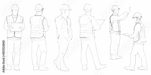 Outline of construction workers in safety vests and hard hats various poses
