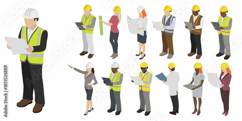 Diverse construction workers reviewing blueprints and plans in a collaborative setting