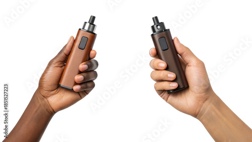Two hands holding e cigarettes or vapes on black background