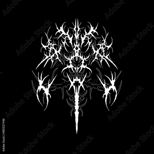 Sigil demonic totem in neo tribal gothic line art style, sharp and symmetrical, inspired by black metal aesthetics, ideal for tattoo art, occult branding, and dark apparel prints