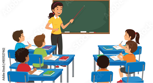 Classroom teaching scene, teacher with students, learning environment, school education, chalkboard instruction, academic setting, cartoon illustration, engaged learners, desk setup