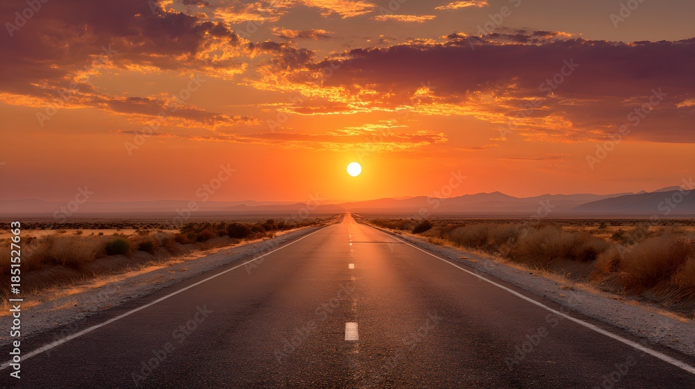 Naklejka premium Road to the Horizon - A Stunning Sunset Over a Desert Highway.