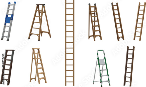 Collection of various ladder illustrations including step ladders, extension ladders, wooden ladders, and folding ladders for construction, repairs, and home improvement projects