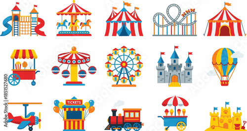 Colorful amusement park and carnival icons set featuring rides, attractions, food carts, castles, and playful festival elements for fun illustrations