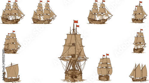 Collection of vintage sailing ship illustrations featuring multiple angles and historic vessel designs, perfect for nautical themes, maritime artwork, and classic adventure concepts