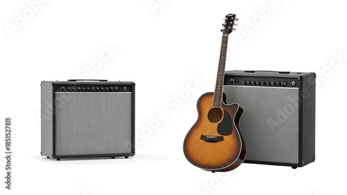 Acoustic guitar and two guitar amplifiers on black background