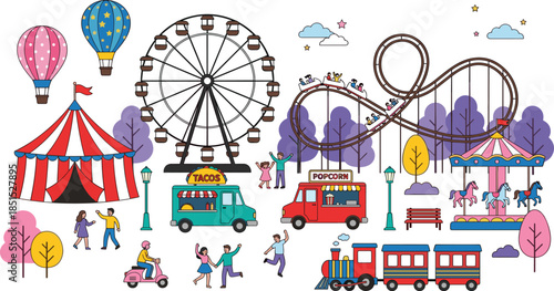 Colorful amusement park illustration with ferris wheel roller coaster carousel circus tent food trucks hot air balloons happy people festive fair scene