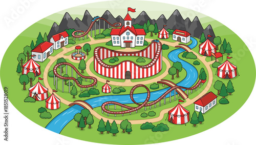 Colorful amusement park landscape illustration, carnival tents and roller coasters, fun fair attractions with river and mountains, vibrant festival outdoor vector scene