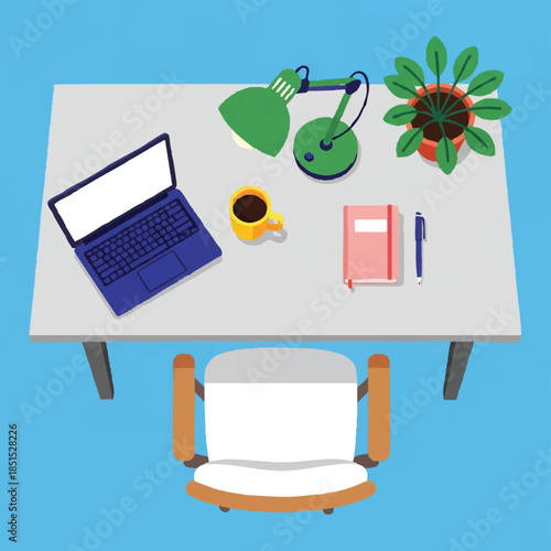 A neat and tidy workspace with a laptop, desk lamp, potted plant, and coffee cup, perfect for remote work or study