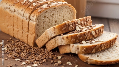 Freshly baked whole grain bread with seeds on wooden cutting board for National Wheat Bread Month