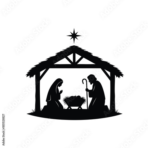 Black silhouette of nativity scene with Mary Joseph and baby Jesus in manger under star christmas