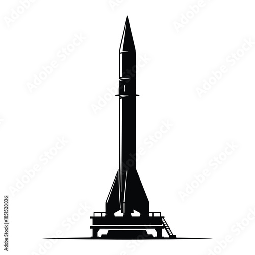 Black silhouette of a tall rocket on a launchpad with a ladder space shuttle