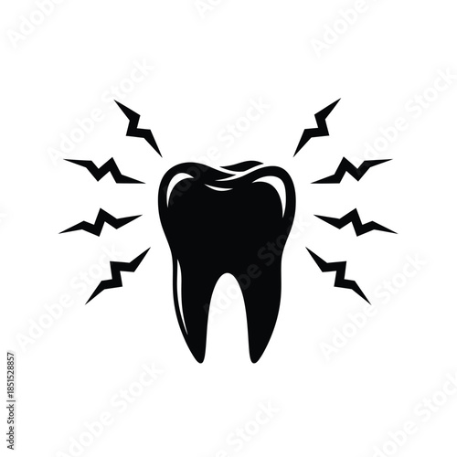 Black silhouette of a tooth with radiating lightning bolt symbols dental pain