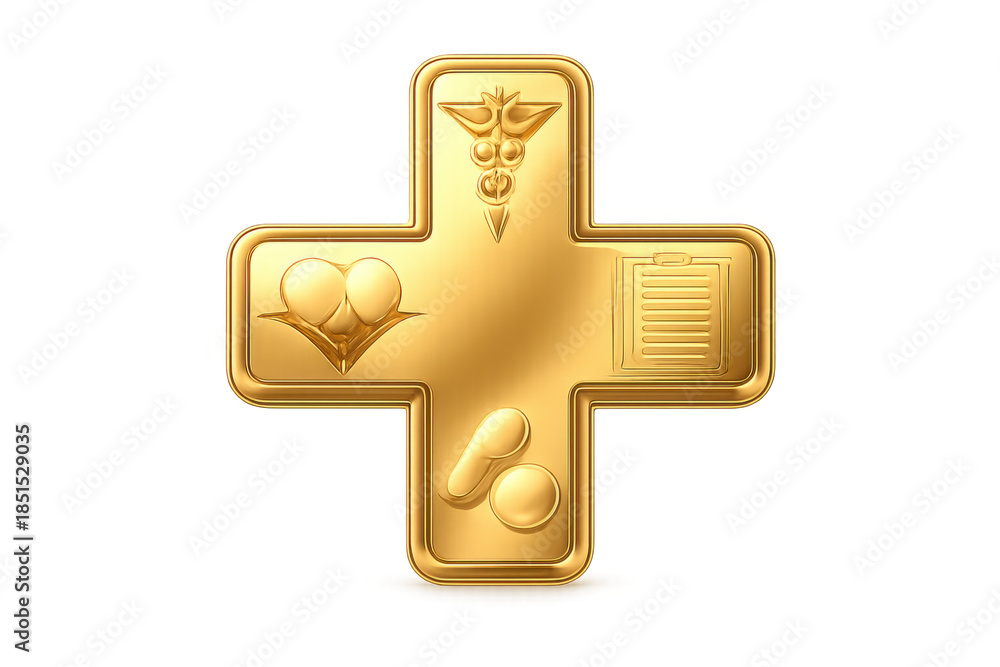 Obraz premium Golden medical cross symbol representing health and medicine with caduceus, hearts, clipboard, and pills, transparent background