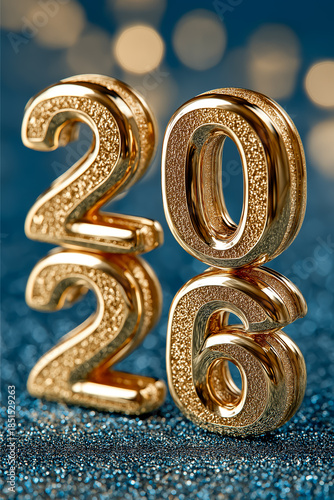 2026年 新年のお祝い ゴールドの数字と夜空に舞う花火 背景素材