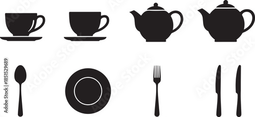 Black and white flat of teapot, cup, plate, fork, knife, and spoon flat teapot
