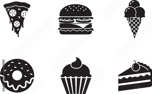 Black and white of pizza slice burger ice cream donut cupcake and cake
