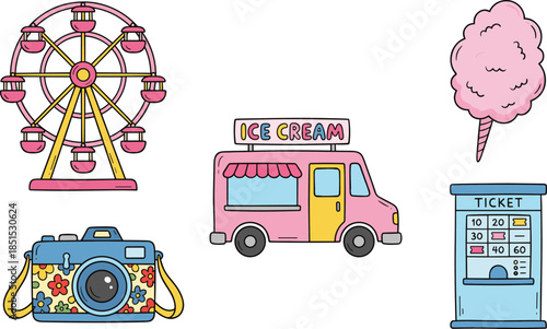 Cute carnival illustration featuring ferris wheel ice cream truck cotton candy ticket booth and retro camera in colorful playful hand-drawn style
