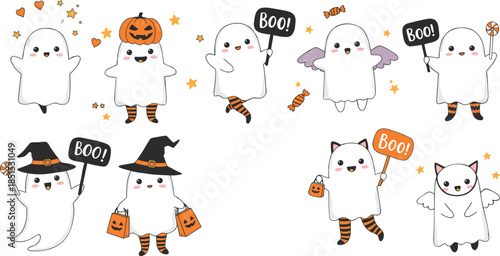 Cute Halloween ghost characters in costumes, spooky cartoon spirits with accessories, festive trick or treat theme, adorable illustrations for holiday decor, party, and design