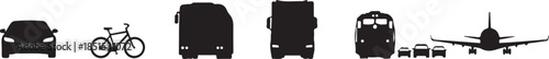Silhouettes of Car, Bicycle, Bus, Truck, Train, and Airplane with Luggage