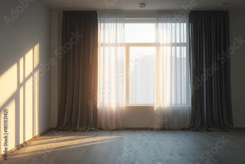 Brown light curtains in empty room clean with backlit window. Sunlight shines evening through window modern and inside there are shadows light. Interior room decoration. Background Abstract Texture.