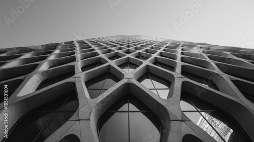 The image is a black and white photo of a building with a lot of windows. The building has a unique design with a lot of windows and a lot of detail. The photo gives off a feeling of grandeur