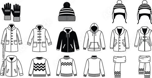 Winter clothing collection, fashion CAD, technical sketch, flat vector, apparel design, coat hoodie sweater, scarf gloves hat,