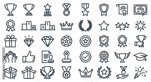 Line-art awards icons collection: trophies, medals, ribbons, badges, diplomas, certificates, crowns, stars, and laurel wreaths for recognition and achievement