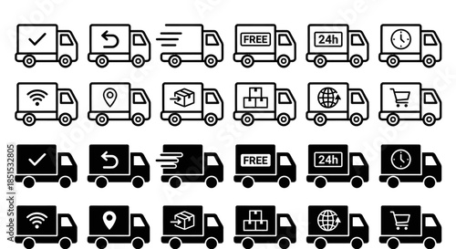 Set of delivery van icons with check marks and shipping labels, a modern vector icon pack for logistics and e-commerce
