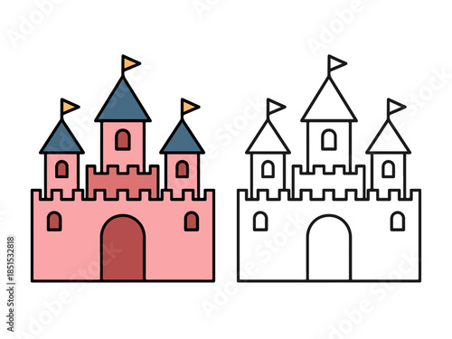 Cute fairytale castle in colored and outline versions. Simple cartoon illustration perfect for kids designs, fairy tales, stickers, icons, storybooks, and coloring pages.