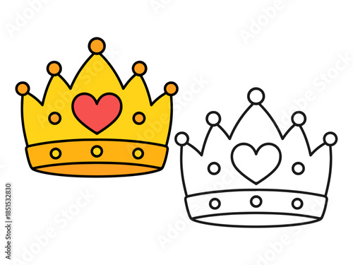 Cute royal crown in colored and outline versions with heart detail. Simple cartoon illustration perfect for kids designs, fairy tales, stickers, icons, and coloring pages.