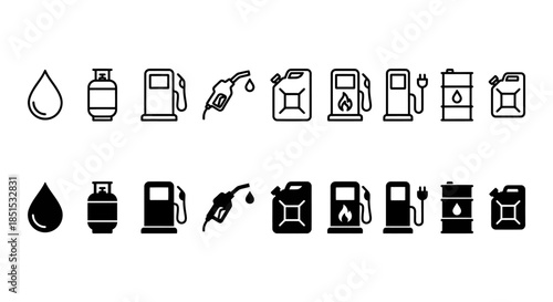 Oil and fuel icons set for automotive maintenance: oil cans, bottles, pumps, jerry cans, and droplets for lubrication and fueling workflows.