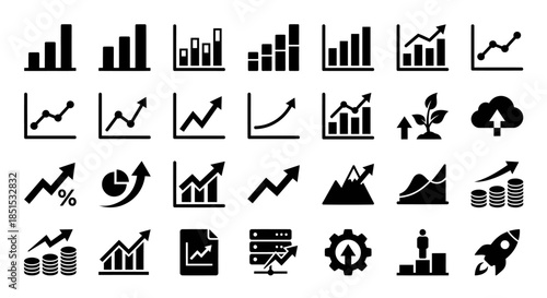 Collection of black flat analytics and technology icons featuring charts, dashboards, devices, cloud, gears, and business concepts