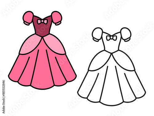 Cute princess dress in colored and outline versions. Simple cartoon illustration perfect for kids designs, fairy tales, stickers, icons, fashion themes, and coloring pages.