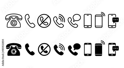 Collection of vintage rotary and modern phone icons, call symbols, and device illustrations for UI design