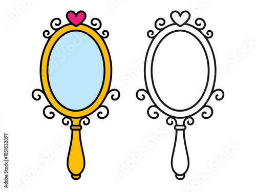 Cute princess hand mirror in colored and outline versions with heart detail. Simple cartoon illustration perfect for kids designs, fairy tales, stickers, icons, and coloring pages.