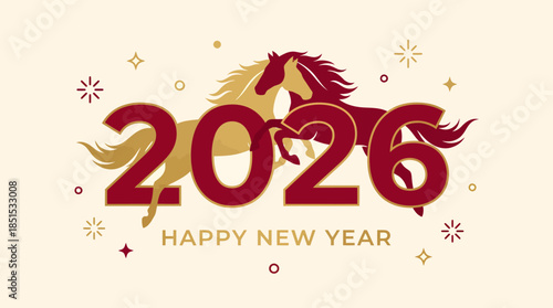 2026 New Year celebration design featuring a bold red horse silhouette, gold stars, festive typography, and Chinese zodiac elements on a pale background