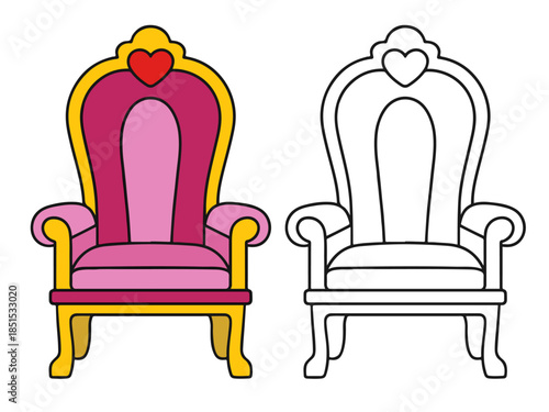 Cute princess throne chair in colored and outline versions. Simple cartoon illustration perfect for kids designs, fairy tales, stickers, icons, and coloring pages.