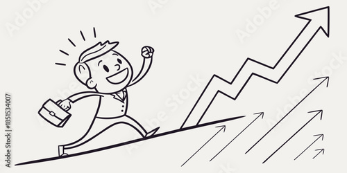 Happy Businessman Running Uphill Towards Business Growth and Success