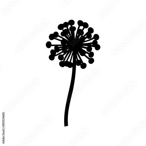 A single black silhouette of a dandelion blossom with a delicate stem and leaf creates a minimal floral vector design for nature-inspired summer decoration